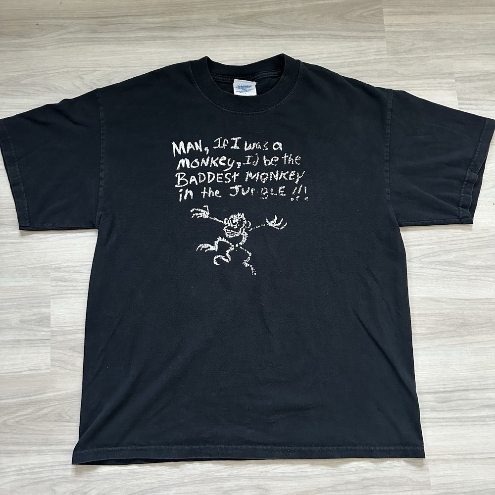 Vintage M&O Knits Heavyweight Monkey Graphic T-Shirt Black Y2K Novelty Tee